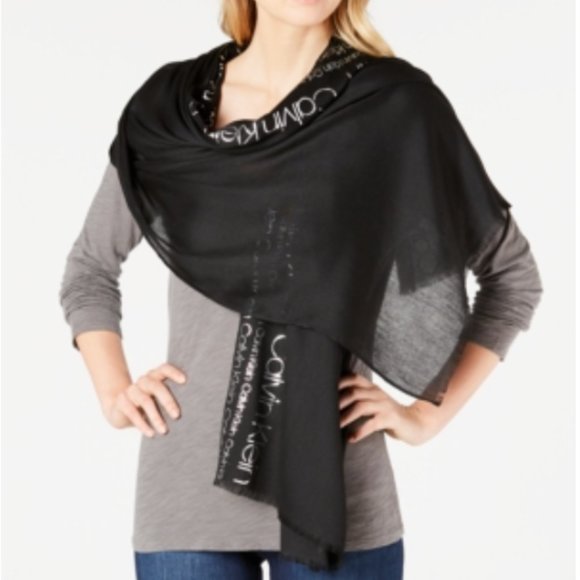 Calvin Klein Metallic Logo-Printed Scarf - Black - Picture 1 of 3